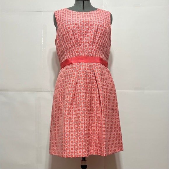 Tahari ASL Sz 14 Coral Jacquard Sleeveless Pleated Front Dress - Picture 2 of 3